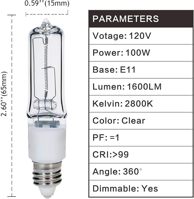 100W JDE11 Halogen Light Bulbs T4 Mini Candelabra Base E11 Dimmable Warm White 4 Pack