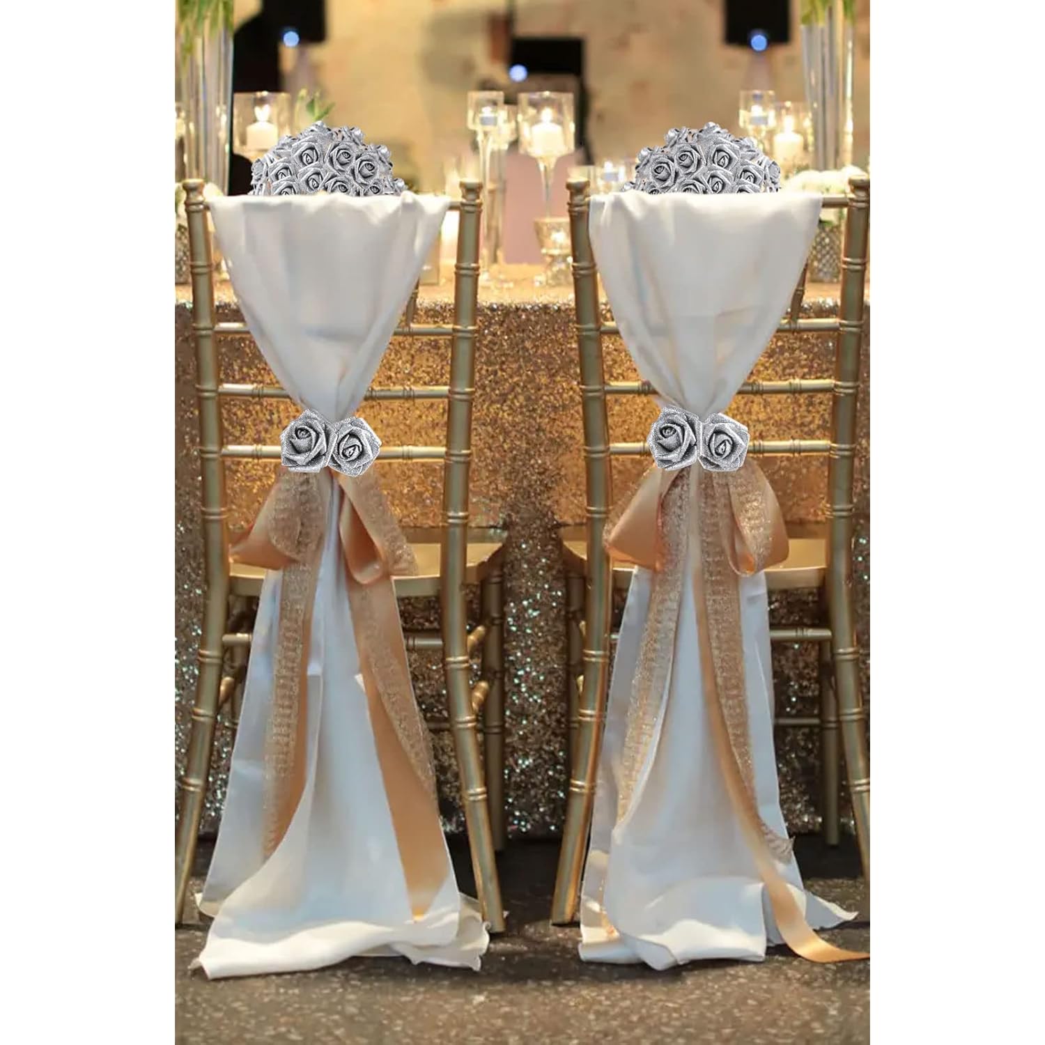 Artificial Flowers 30 Pcs Silver Glitter Foam Artificial Flowers With Stem, Glitter Roses Shiny Flowers For Diy Wedding Bouquets Party Home Decor(Silver)