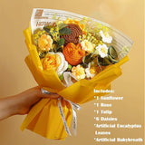 Crochet Flowers Bouquet, Handmade Knitted Sunflower Rose Tulip Puff Flower Bouquet, Gift For Mother Wife On Birthday Valentines Anniversary