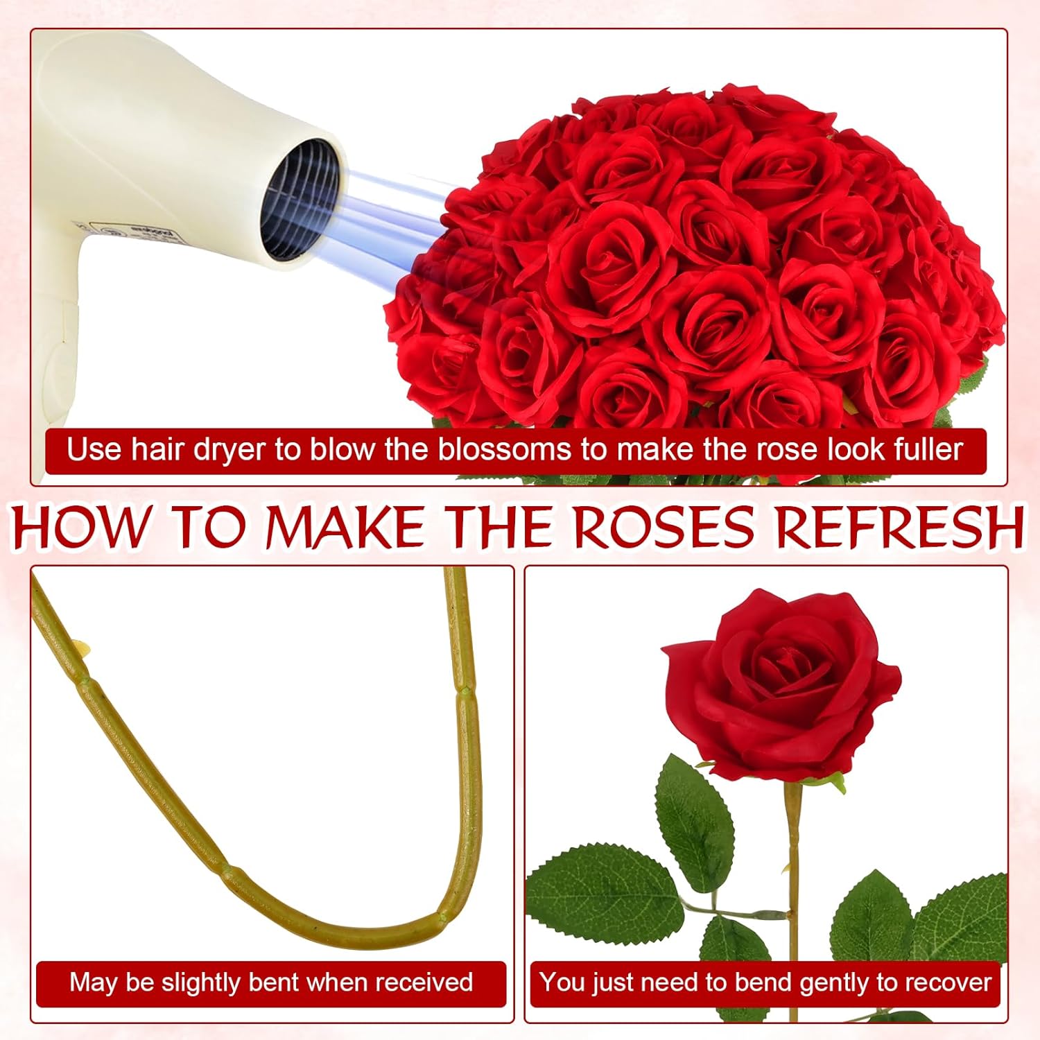 50 Pcs Artificial Red Rose Bluk Fake Flowers With Stem Realistic Silk Roses Bouquet Coffee Table Decor Flower Arrangement For Wedding Centerpieces Home Office Farmhouse Holiday Decorations
