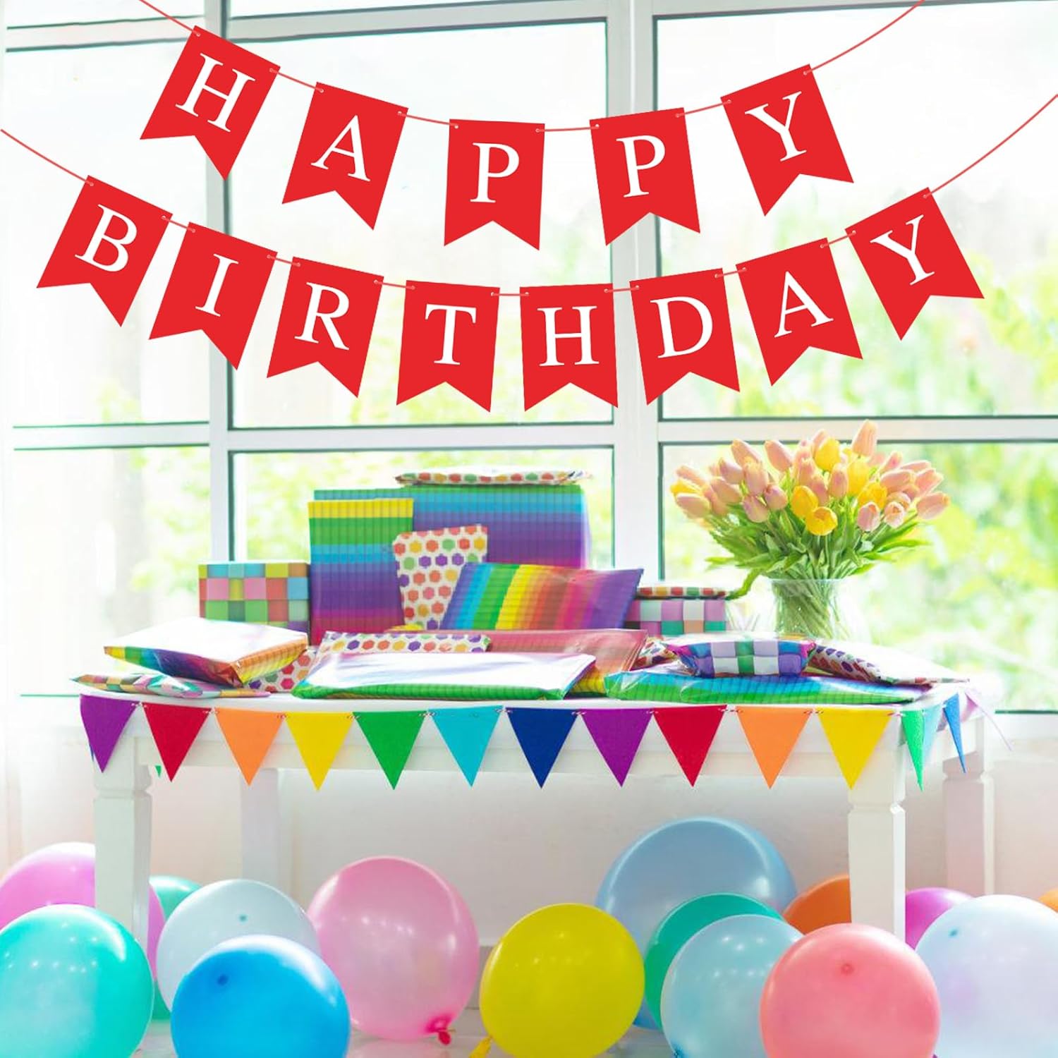 Red Happy Birthday Banner Bunting Sign, Garland Tea Party Decorations, Christmas Thanksgiving Party Supplies For Kids And Adults