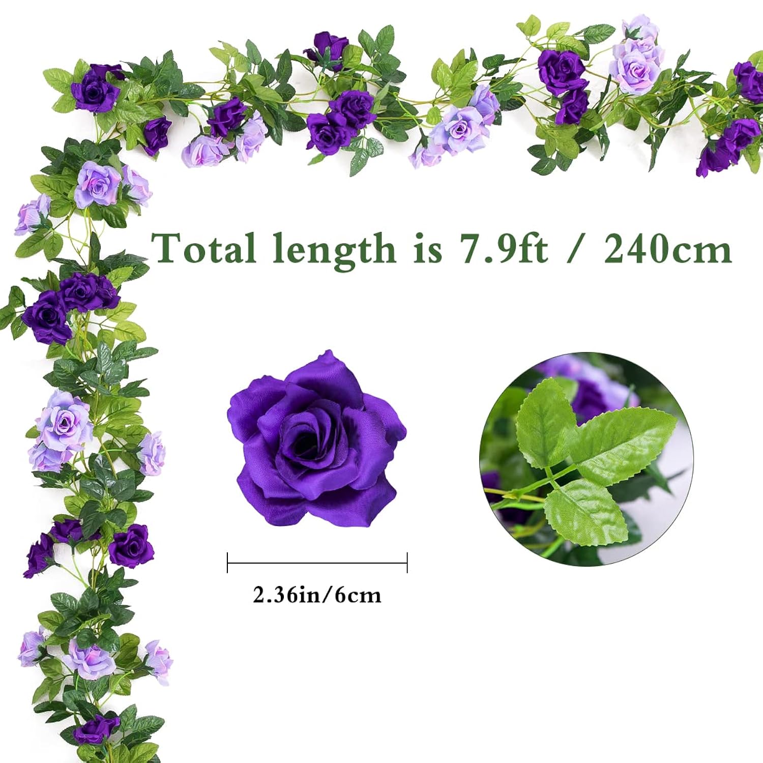 3Pack Artificial Rose Flower Garland, 23.7Ft Fake Vines Silk Flowers Hanging Rose Ivy For Wedding Arch Decorations Room Party Home Garden Hotel Office Wall Decor (Purple)