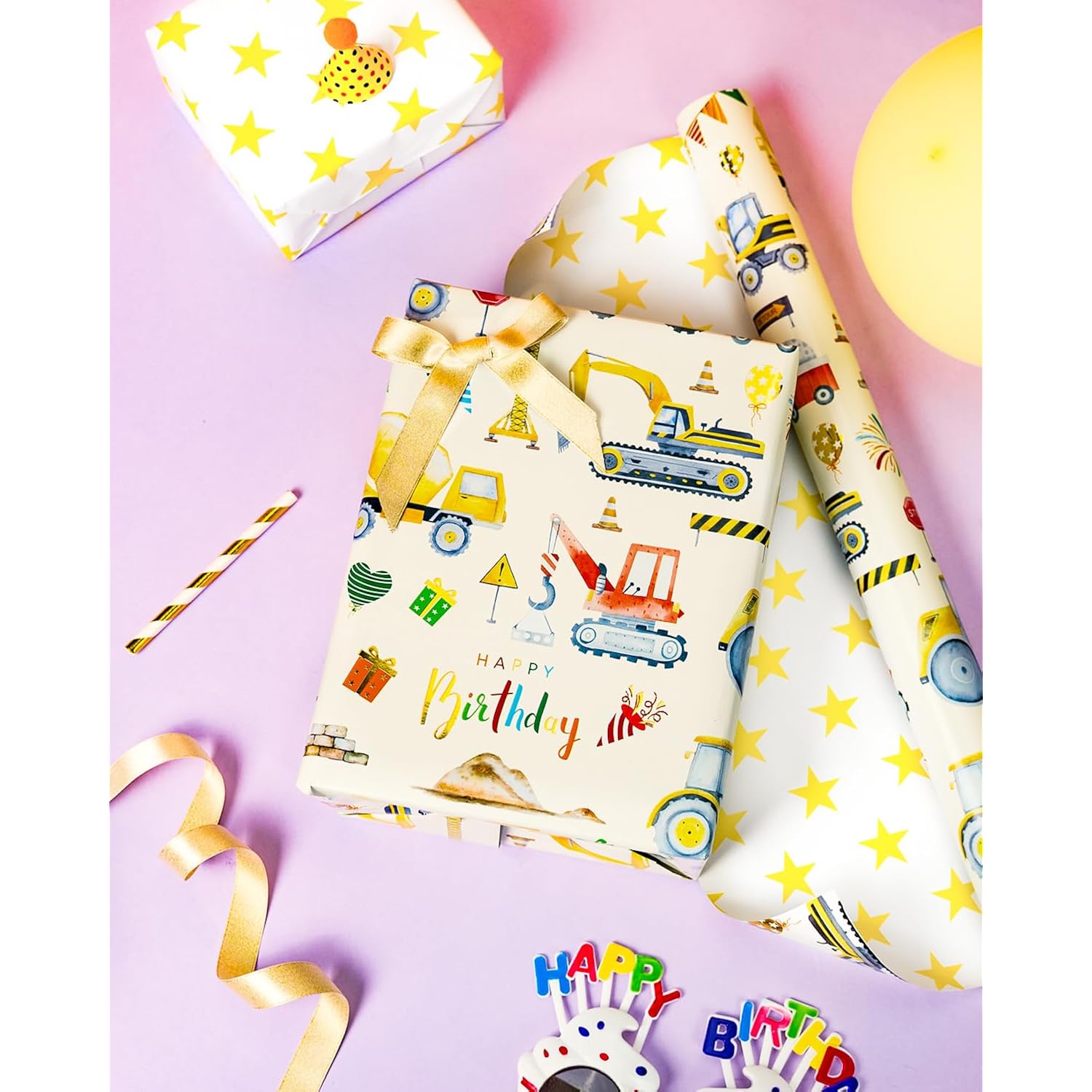 Construction Wrapping Paper Roll, Colorful Excavator,Tractor With Happy Birthday & Star Reversible Gift Wrap For Kids Birthday, Baby Boy Shower, Party, Celebration - Mini Roll(17 In X 32.8 Ft)