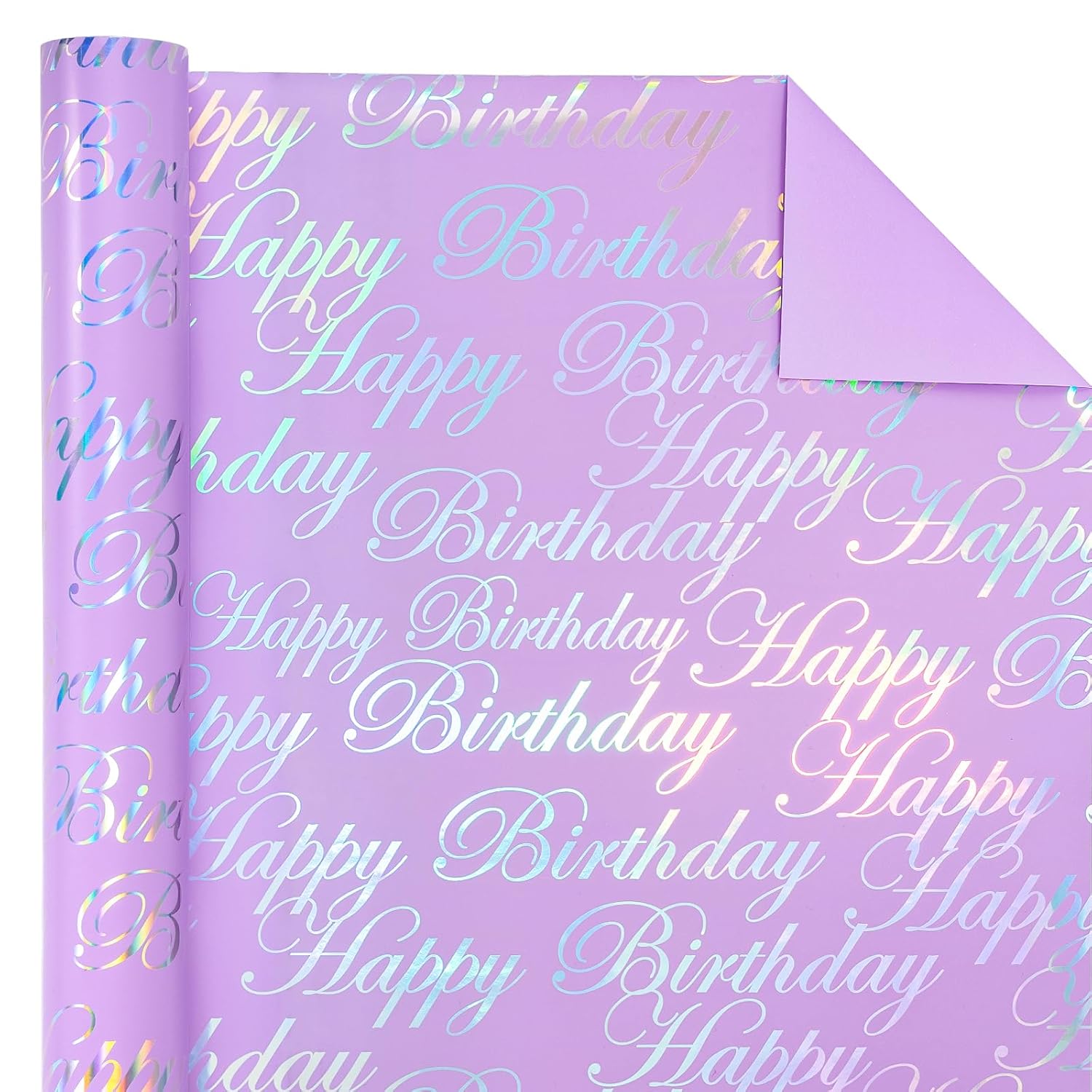 30 Inch Reversible Birthday Wrapping Paper - 30 Inch X 33 Feet - Puprle And Silver Foil Happy Birthday Wrapping Paper For Girls, Women, Kids, Baby Shower