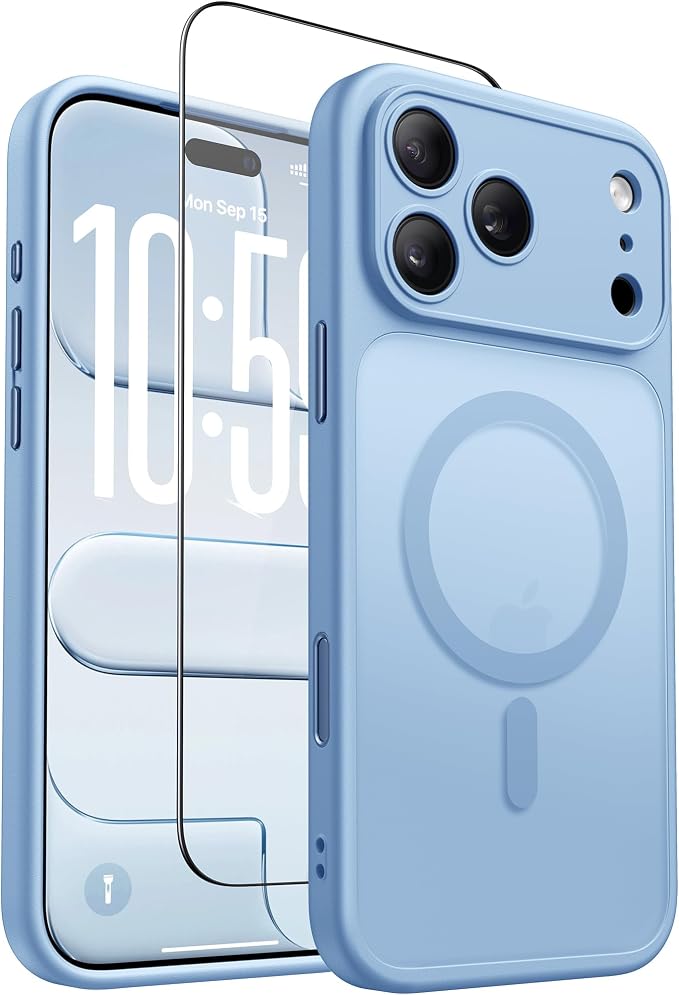 Magnetic Shockproof Phone Case for iPhone 18 Pro and iPhone 17 Pro Coastal Blue Protective Cover MagSafe Compatible Matte Finish Drop Protection