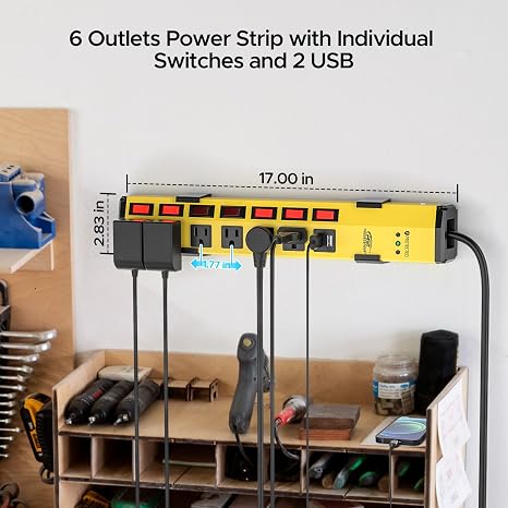Metal Power Strip 6 Outlets 2 USB Ports Individual Switches 1200J 6FT 15A