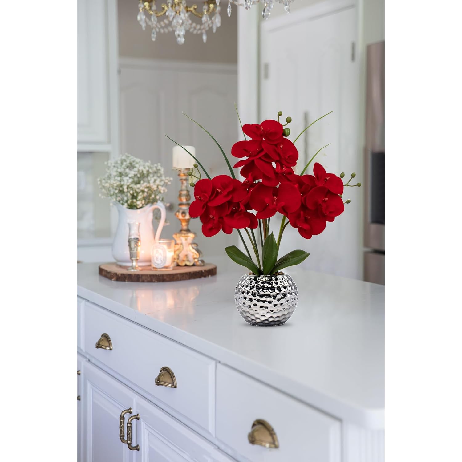Orchid Artificial Flowers 20'' Red Faux Orchid Flowers With Silver Vase Fake Phalaenopsis Silk Flowers For Home Office Dinning Room Kitchen Table Centerpiece Decor