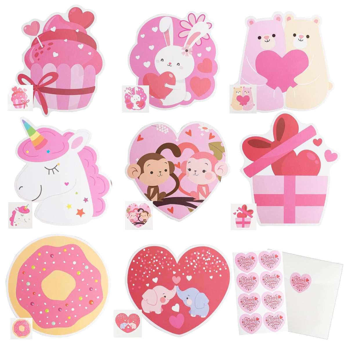 40 Pack Valentine'S Day Greeting Cards For Classmates, Valentines Cards Set With Cute Bookmarks, Temporary Tattoos, Stickers And Envelopes For Classmate, Teachers, 8 Different Designs