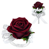 2Pcs Burgundy Rose Corsage And Boutonniere Set, Artificial Wrist Corsage Wristlet Bracelets, Men Boutonniere For Wedding Party Formal Dinner Flowers Accessories Prom Decorations