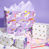 Reversible Unicorn Wrapping Paper With Foil Design, 17 Inch X 33 Feet - Purple Unicorn Gift Wrap With Gold Hearts For Girls Birthday, Baby Shower, Kids Party