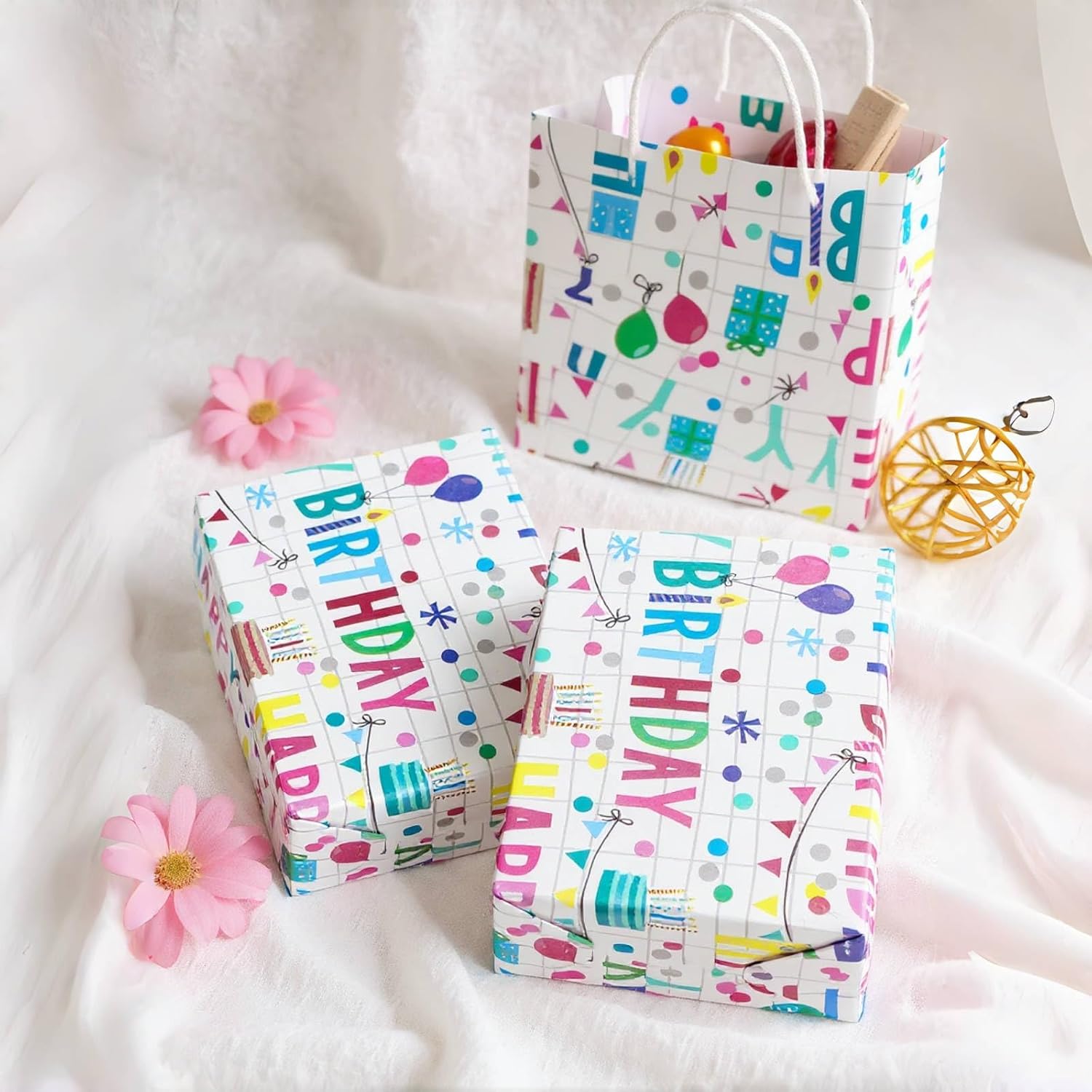 Birthday Wrapping Paper Roll, 17 Inch X 32.8 Feet, Happy-Birthday Decorative Design Gift Wrap For Birthday, Baby Shower, Holiday, Party