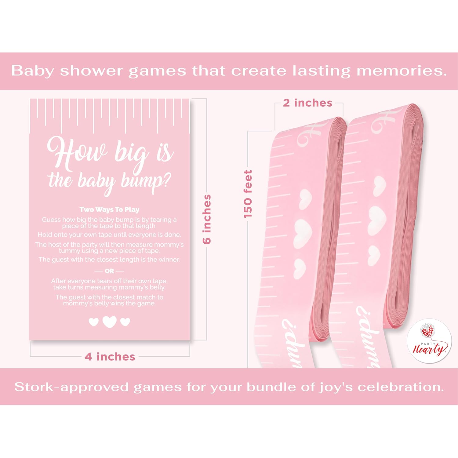 Funny Baby Shower Games For Girl Activities, 2 Rolls, 2 Inches X 150 Feet, Pink Tummy Measure, Fun & Easy Idea