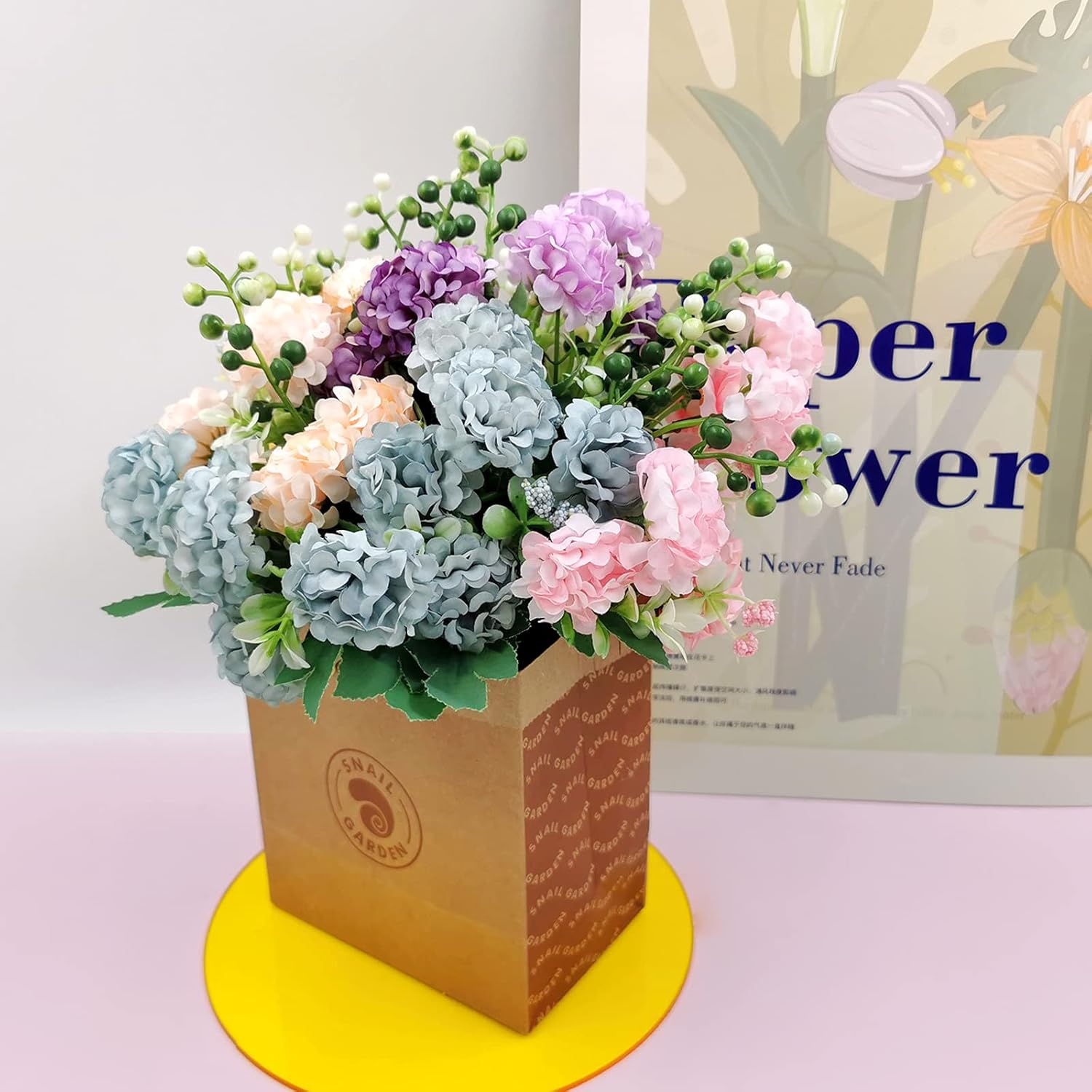 40Heads Artificial Hydrangea Flowers, 4Pack Fake Silk Mini Hydrangea With 1 Vase Kraft Paper Bag-Mini Artificial Chrysanthemum Ball Perfect For Home Office Wedding Baby Shower Party Decor