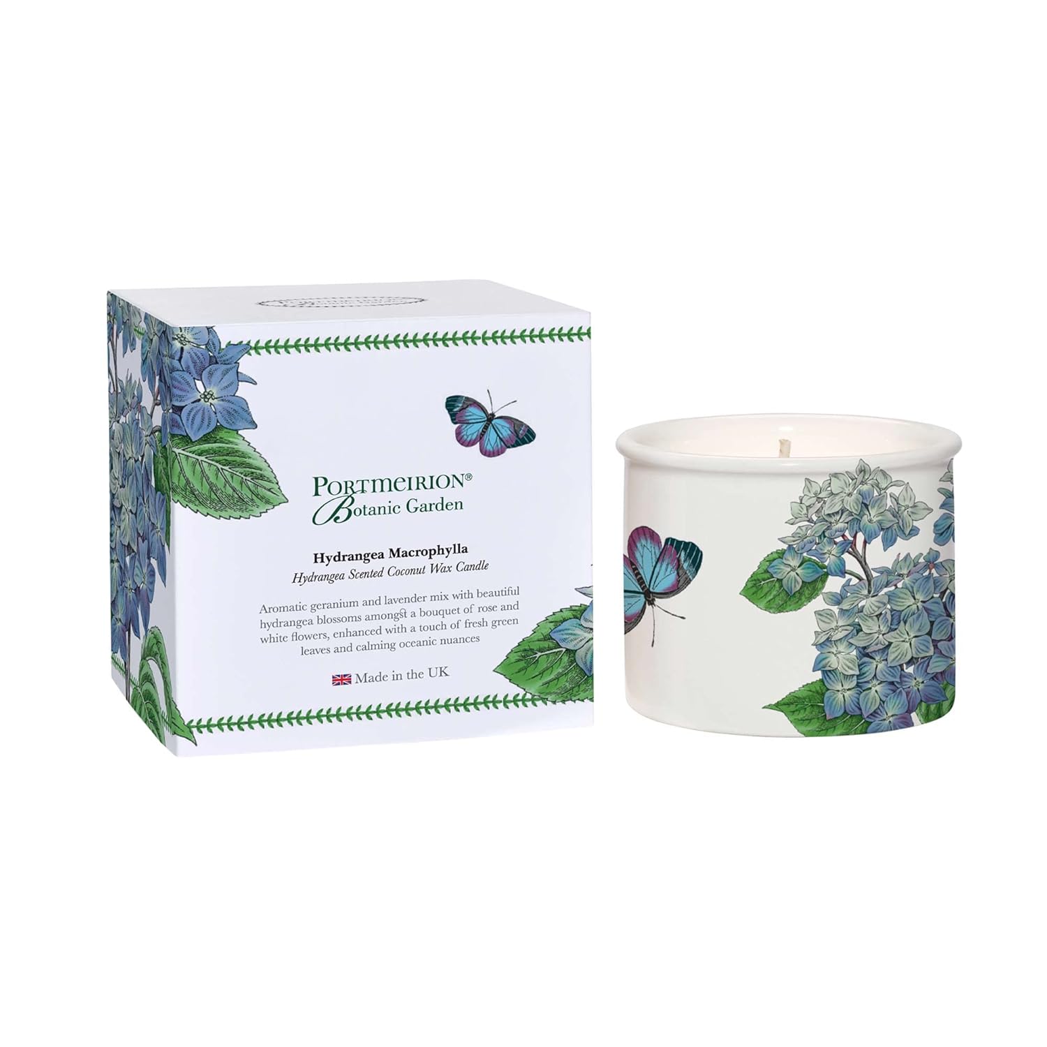 Portmeirion Botanic Garden Ceramic Coconut Wax Candle Hydrangea Macrophylla by Wax Lyrical (Hydrangea)