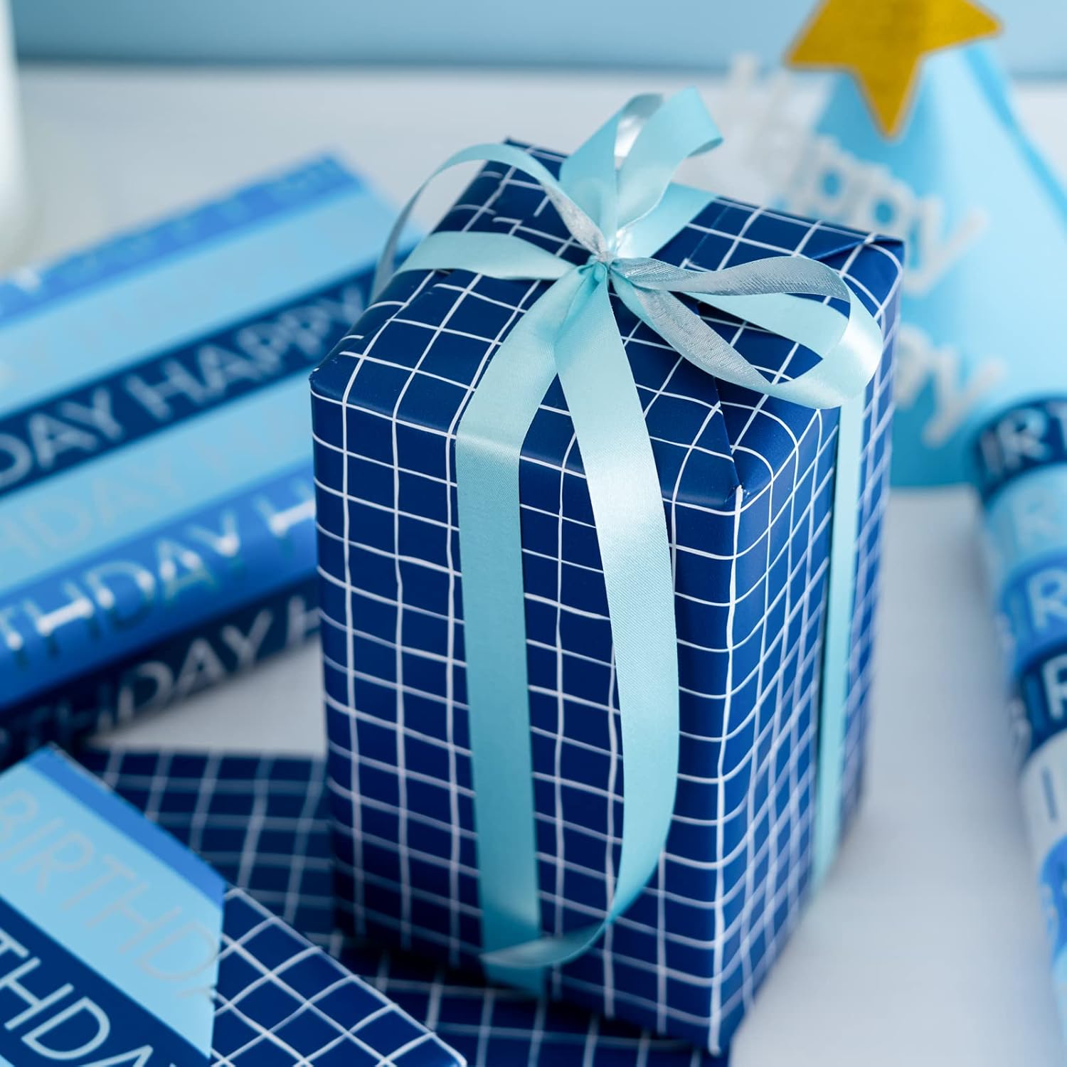Reversible Wrapping Paper Roll For Men Women, Mini Roll, Happy Birthday And Plaid Pattern Gift Wrap Paper Great For Birthday, Party, Baby Shower, 17.5 Inches X 32.8 Feet
