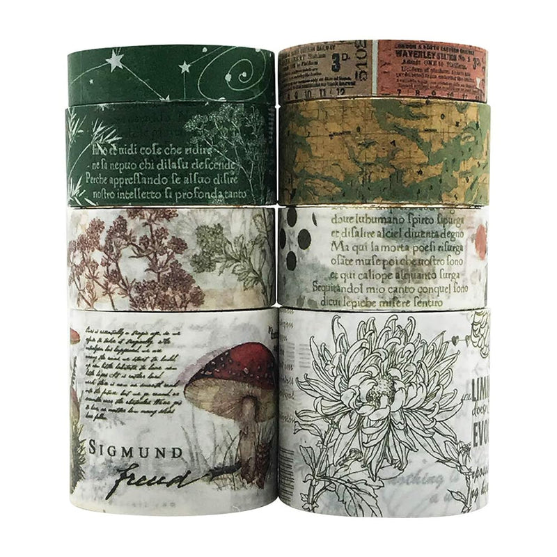 Vintage Green Washi Tape Set, 8 Rolls Antique Mushroom Japanese Masking Writab