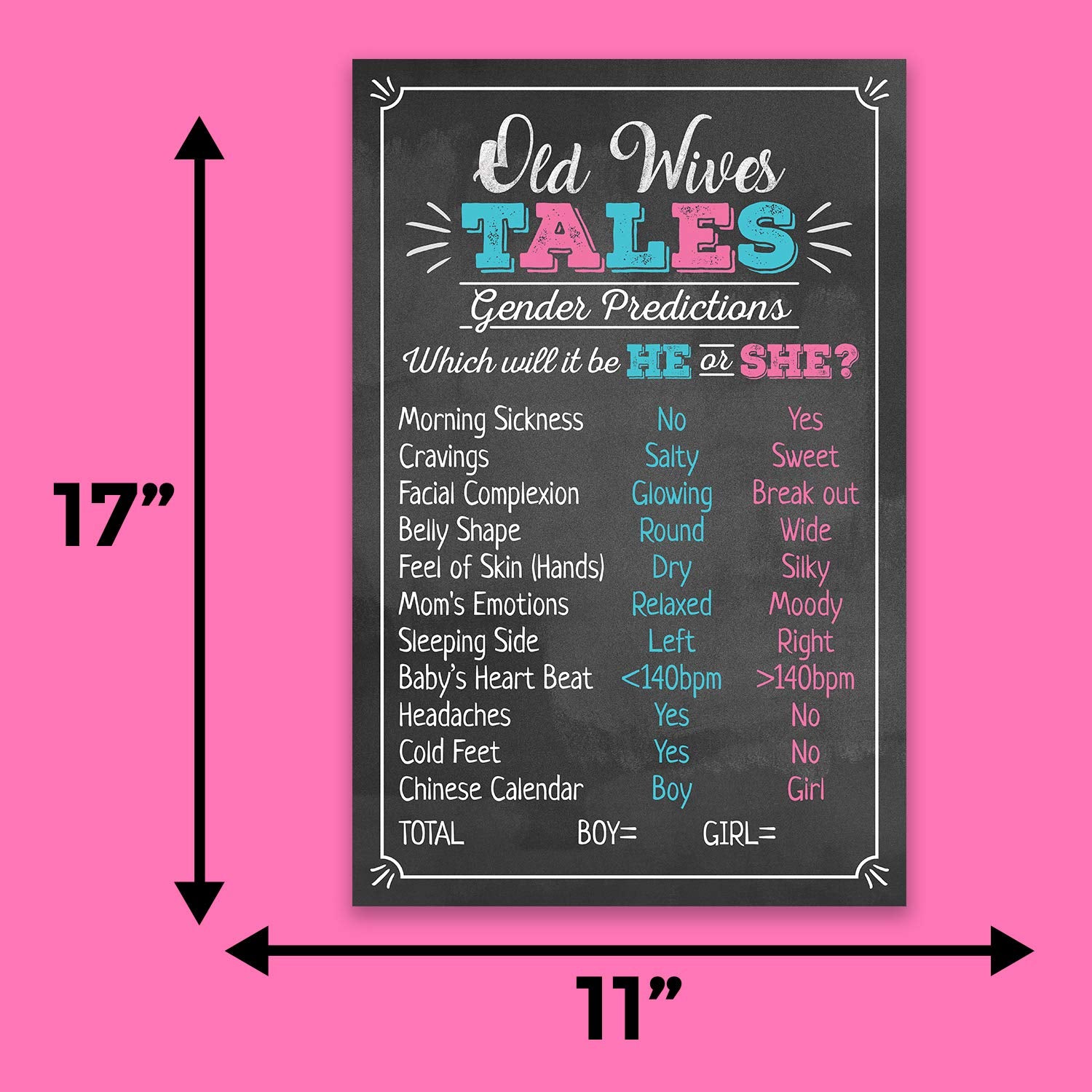Old Wives Tales Gender Reveal Party Game Poster 11" X 17" Black, Pink & Blue- Boy Or Girl Party Supplies, Activity, Decorations