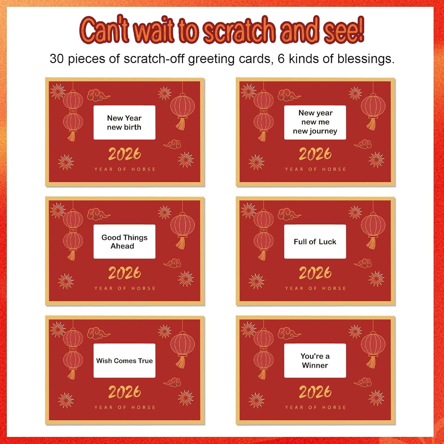 30 Counts Chinese New Year 2026 Scratch Off Fortune Cards 2026 Year Of The Horse Party Favors Supplies Chinese Spring Festival Lunar New Year Gifts Party Decorations(3 Horses)