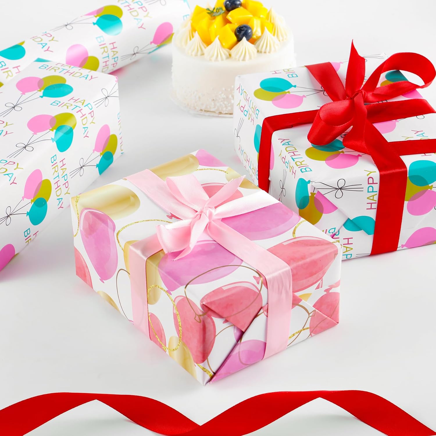 Gift Birthday Wrapping Paper, 3 Mini Rolls, 17 Inch X 9.8 Feet, Balloons, Rainbow And Sky Elements Design For Birthday, Valentines, Mothers Day, Celebration, Holiday, Party, Baby Shower