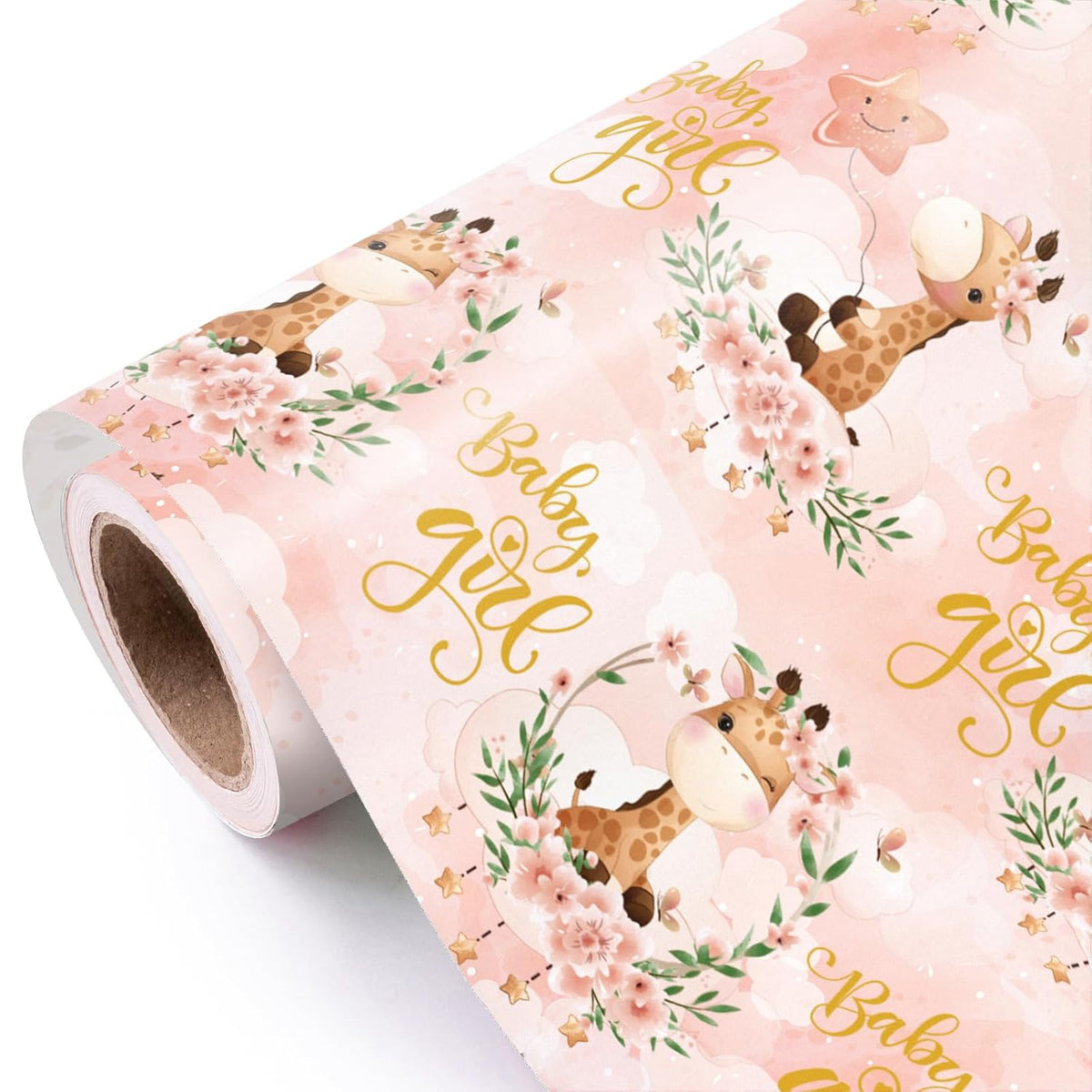 Baby Girl Wrapping Paper Roll - Mini Roll - 17 Inch X 9.8 Feet - Cute Giraffe And Baby Girl Lettering Design, Perfect For Baby Shower, Party, Holiday