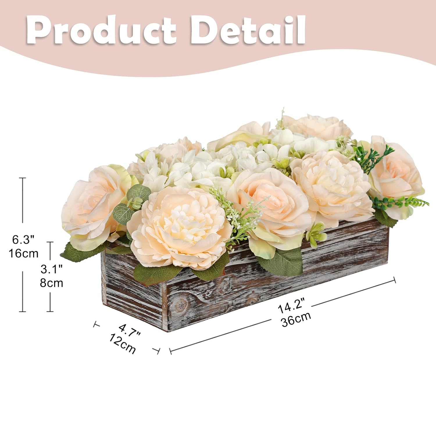 Flower Arrangement With Wooden Vase 14" Artificial Flowers In Pot - Fake Flowers Roses Peonies Hydrangeas In Wooden Vase Potted Flower Centerpieces For Table Decor Living Room - Pale Yellow