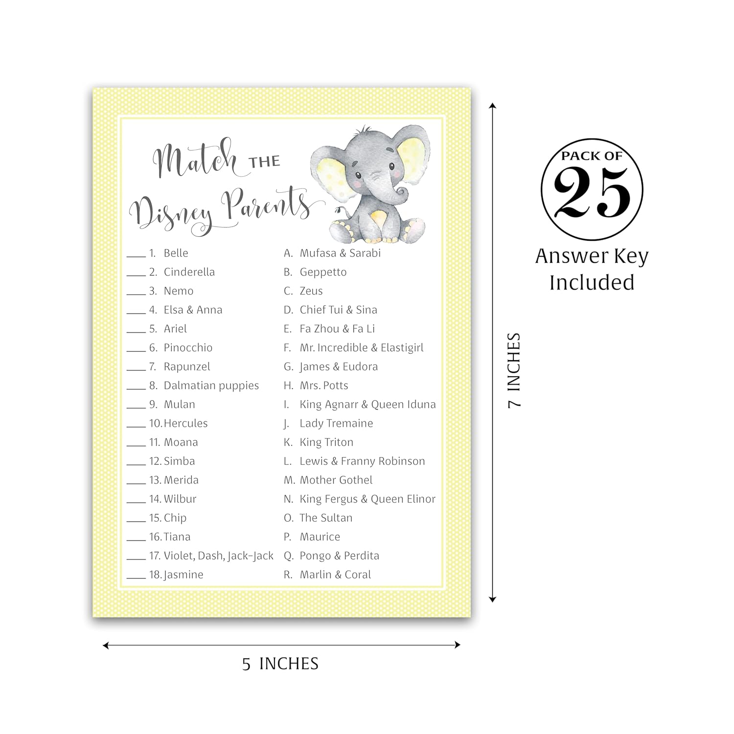 Gender Neutral Baby Shower Game — Cartoon Parent Match Game — Pack Of 25 — Yellow Elephant Baby Shower Game, Match Famous Cartoon Parents Fun Shower Activity, Star Kids Match Game Sku G521-Dpm