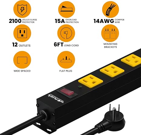 Heavy Duty Surge Protector Power Strip 12 Outlets 2100J 6FT Extension Cord Wall Mount Black