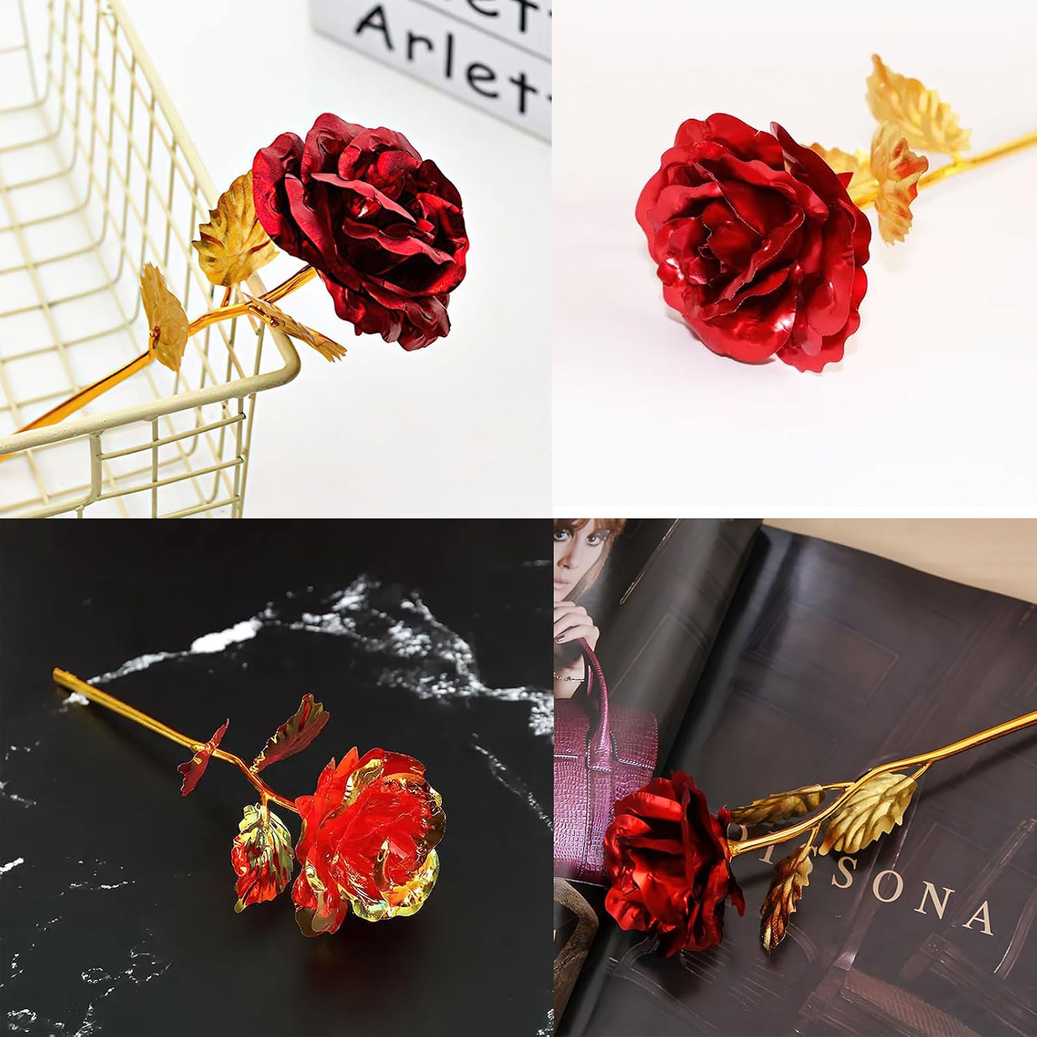 24K Red Rose Flower Creative Artificial Gold Dipped Rose Long Stem Forever Rose With Gift Box And Bag For Mother'S Day Valentine'S Day Birthday Anniversary Thanksgiving Day
