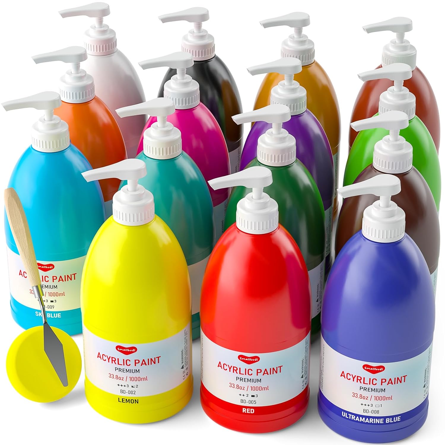 15 Colors Large Acrylic Paint Set (33.8 Oz,1000 Ml) Art Painting Bulk Supplies For Multi Surface Canvas Wood Leather Fabric Rock Craft, Non Toxic Paint For Kid & Adult With Pump, Color Wheel