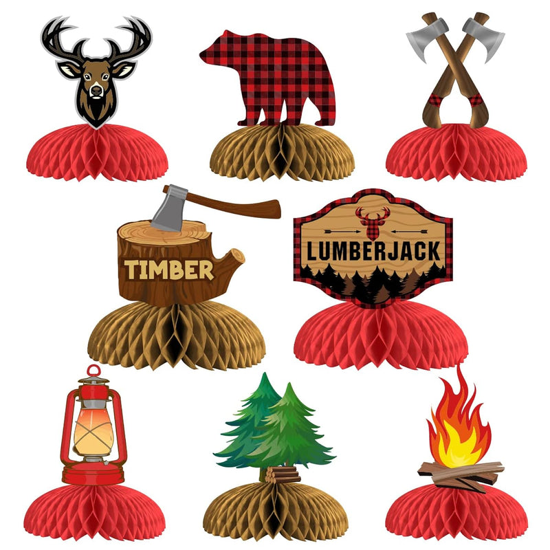 8Pcs Lumberjack Table Decorations, Buffalo Plaid Honeycomb Centerpiece