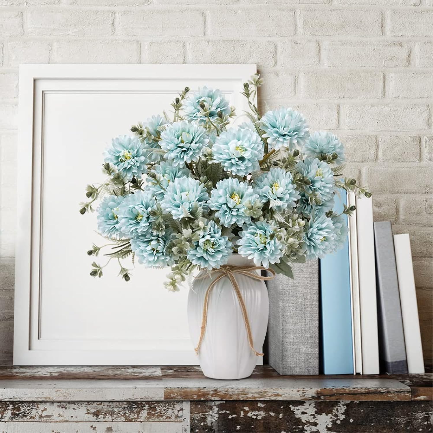 Artificial Flowers In Vase Silk Flower Bouquets Arrangement With Vase Chrysanthemum Ball For Home Wedding Table Centerpieces (Blue)