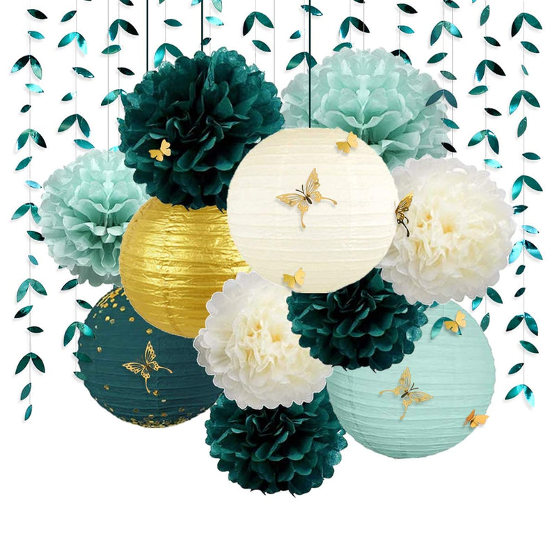 Hunter Green And Gold Hanging Tissue Lantern Flowers Pom Pom With 3D B