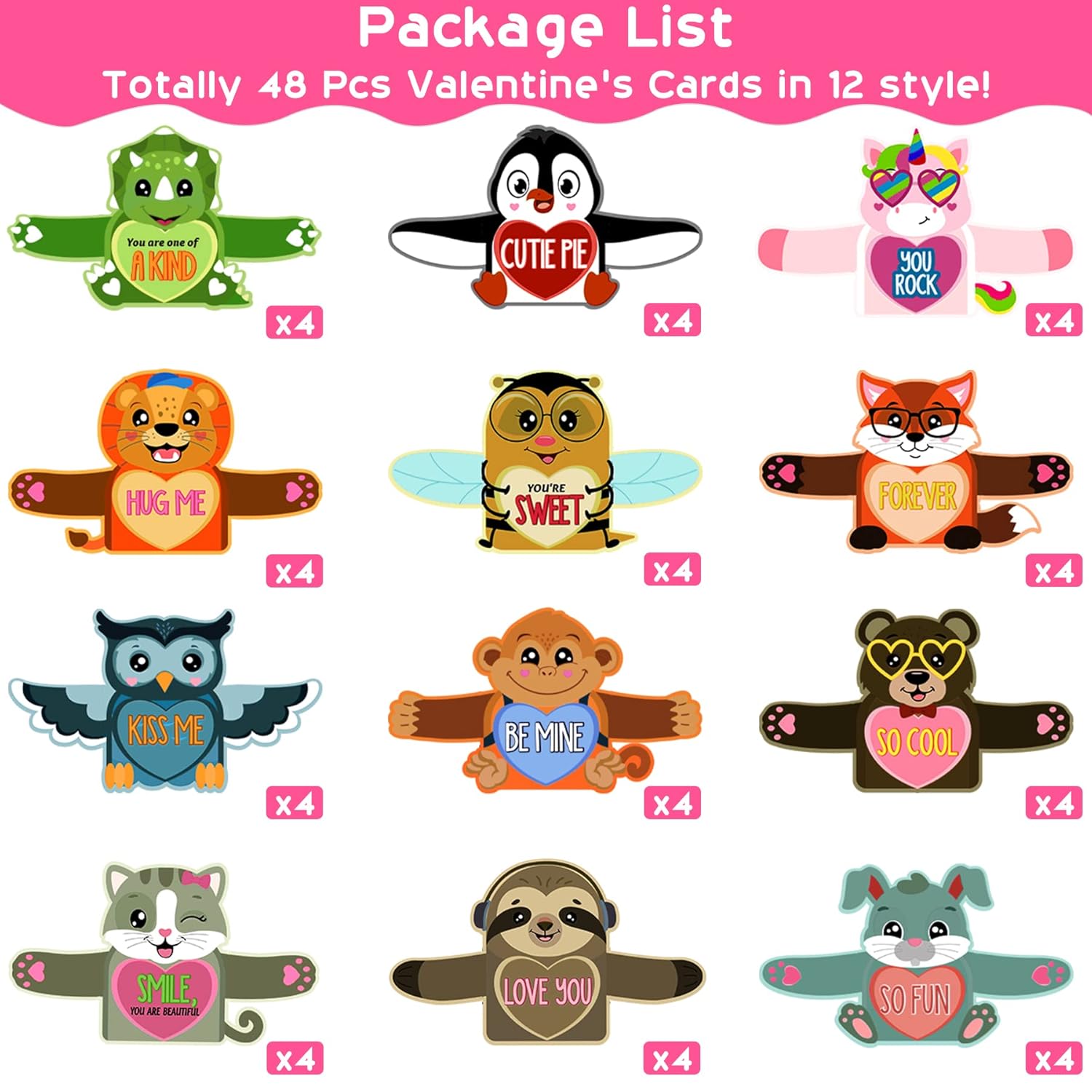 48Pcs Valentines Day Cards For Kids, Valentine’S Greeting Cards Candy Holder Gifts For Classroom With Cute Animals’ Designs, Valentine Day Party Favor For School