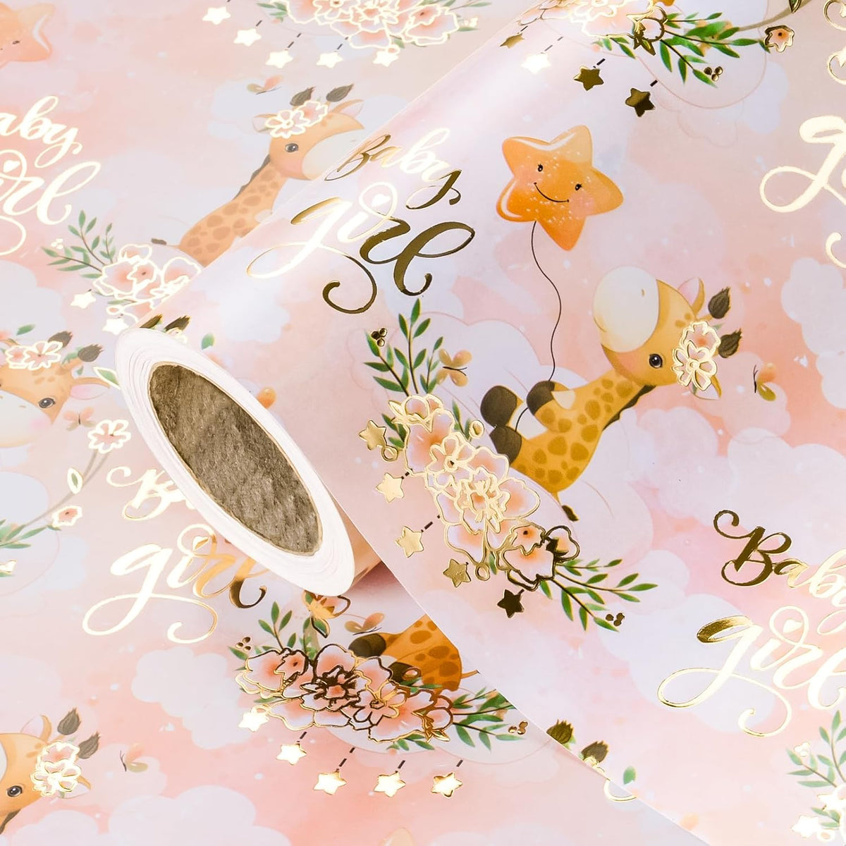 Baby Girl Wrapping Paper Roll - Mini Roll - 17 Inch X 16.5 Feet - Gold Foil Cute Giraffe Design For Kids Girls Baby Shower, Birthday