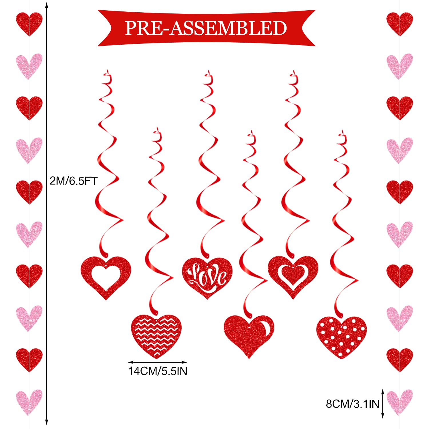 Valentines Day Decorations Set Happy Valentine'S Day Banner Felt Heart Garland Banner Red Pink Hanging Heart Honeycomb Glitter Hanging Swirls For Valentines Day Party Supplies Home Wedding Decor
