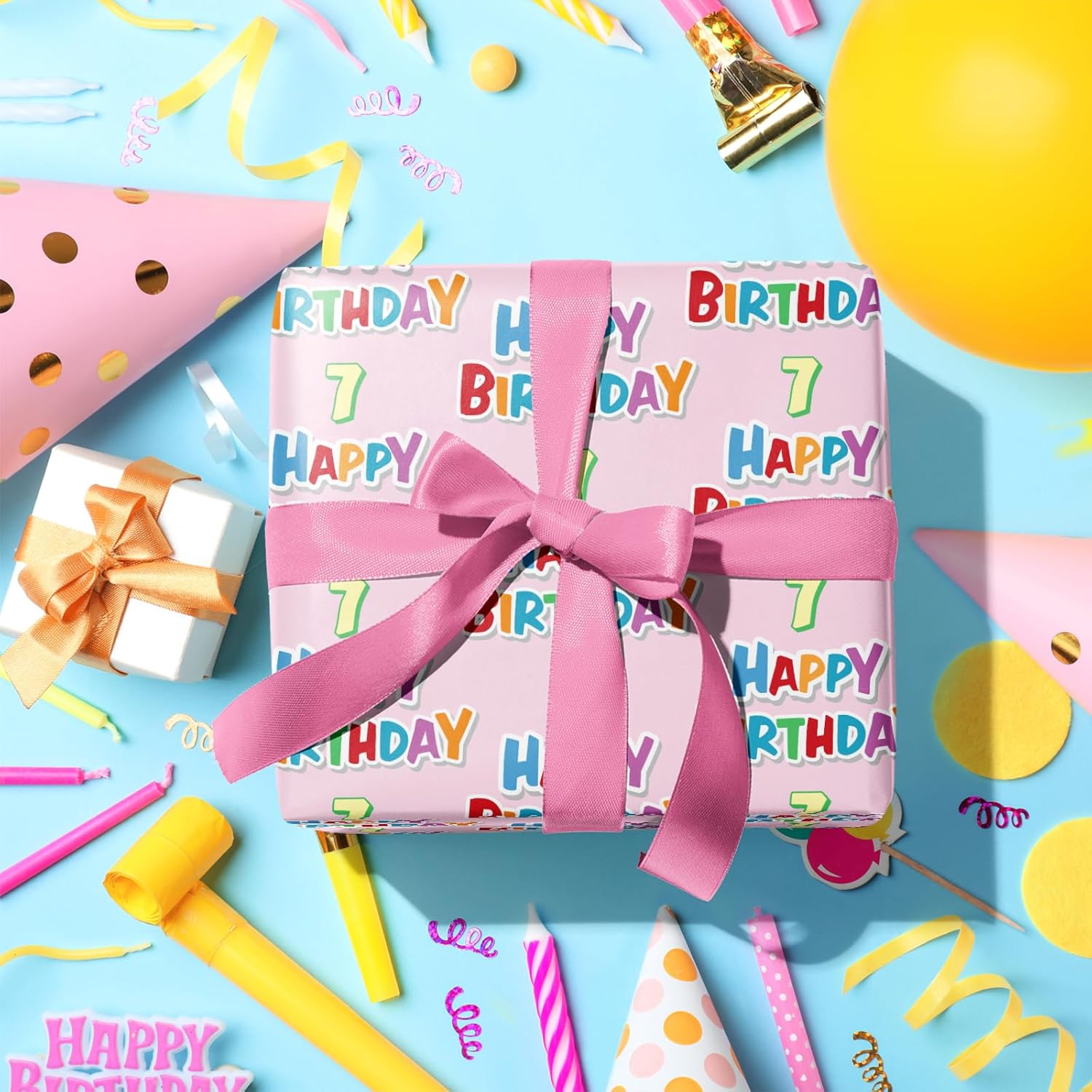 7Th Birthday Wrapping Paper Roll - Pink Happy 7Th Birthday Gift Wrap For Age7 Girls Birthday Party - Mini Roll - 17 Inches X 16.4 Feet (23.2 Sq.Ft.)