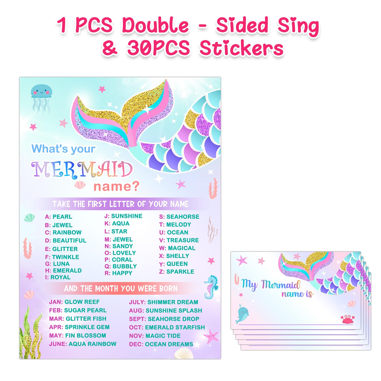 What Is Your Mermaid Name Game - Sign & 30 Cards, Mermaid Birthday Party Sign For Girls, Wedding, Anniversary, Holiday Activity
