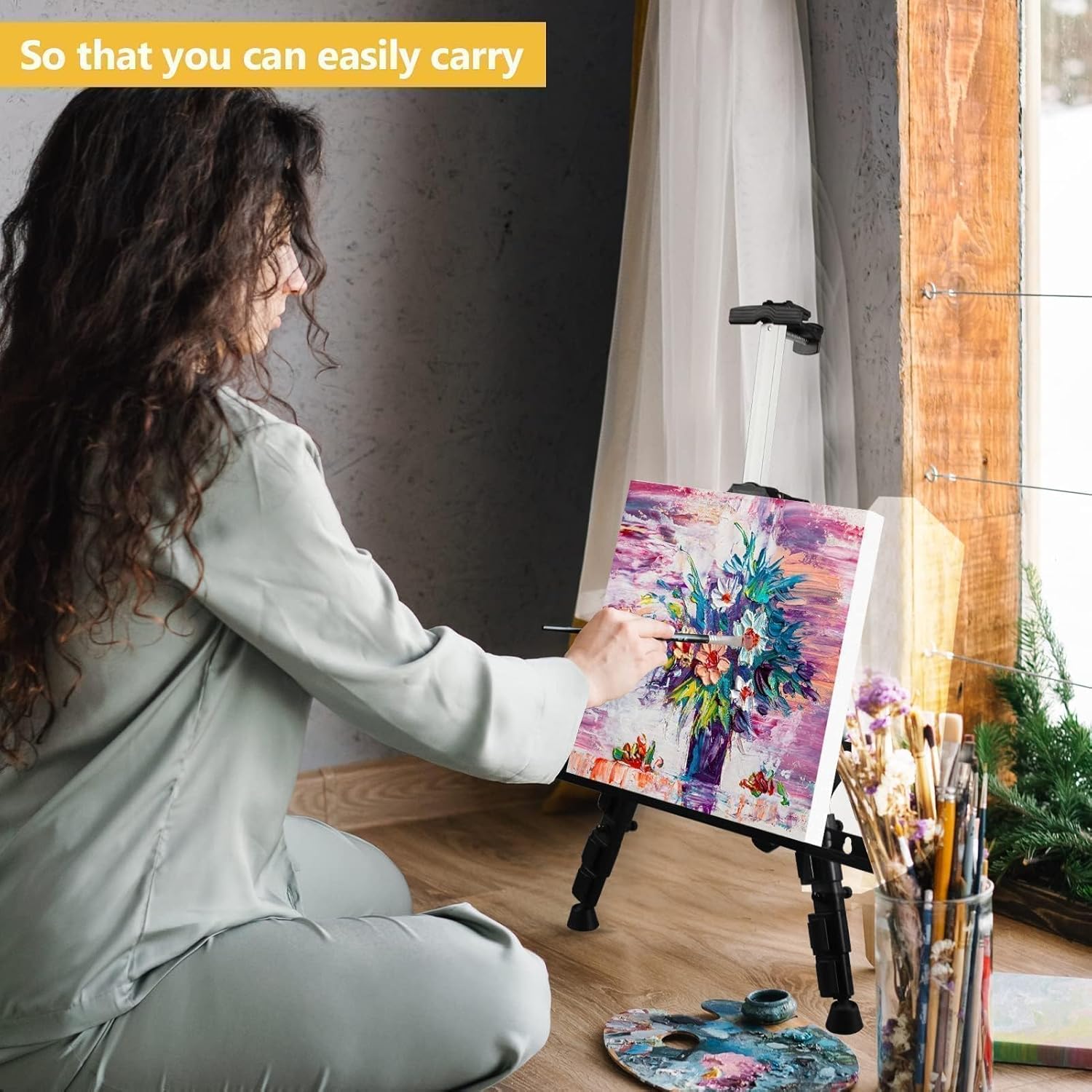 Art Easel Stand For Painting And Sign - Aluminum 66 Inch Metal Tripod Adjustable Portable Easels For Display - Canvas Stand For Floor Drawing - Gifts For Artists Woman Or Teen Art Supplies