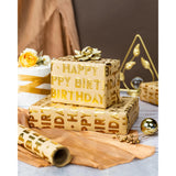 3D Kraft Birthday Wrapping Paper Roll - Mini Roll - 17 Inch X 16.5 Feet - Happy Birthday Letters With Gold Metallic Foil Shine Gift Wrap For Boys Girls Baby Shower