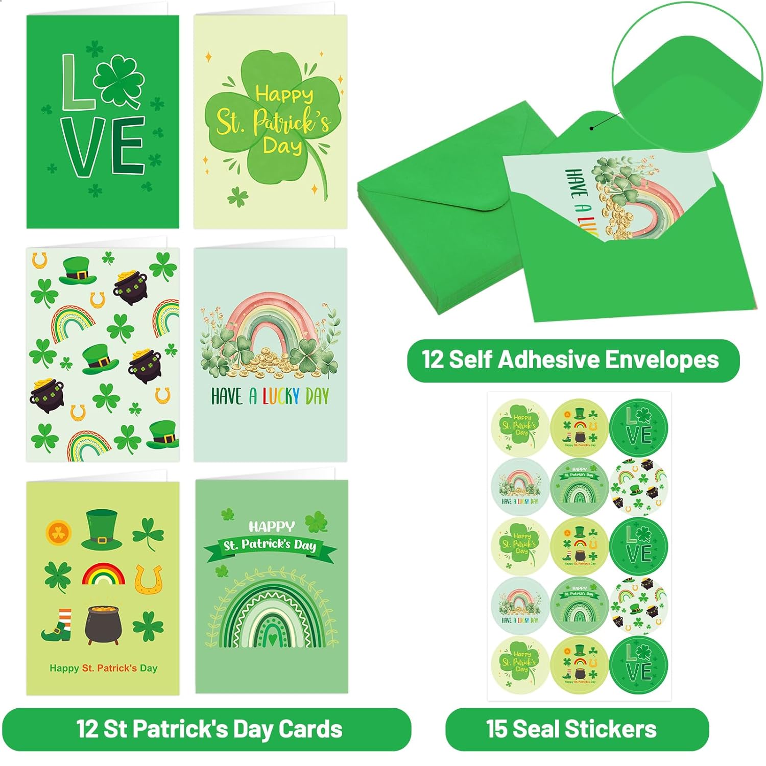 Treasure Cove St. Patrick's Day Cards Set Green Shamrock Greeting Cards with Envelopes and Stickers for Irish Holiday Supplies 12 Pcs