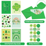 Treasure Cove St. Patrick's Day Cards Set Green Shamrock Greeting Cards with Envelopes and Stickers for Irish Holiday Supplies 12 Pcs