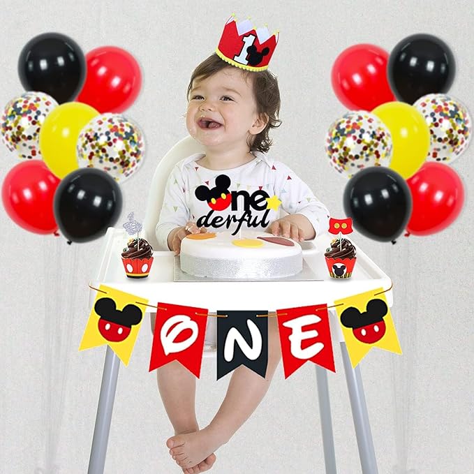 58-Pc 1st Mouse Birthday Party Set Banner, Tablecloth, Balloons & Cupcake Toppers