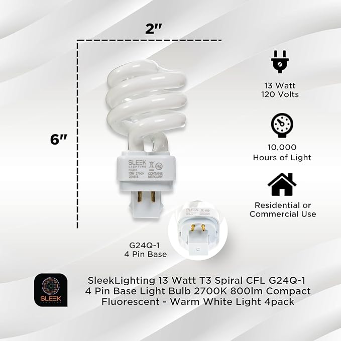 13W T3 Spiral CFL Light Bulb G24Q-1 4-Pin Base 2700K Warm White 800 Lumens 4 Pack