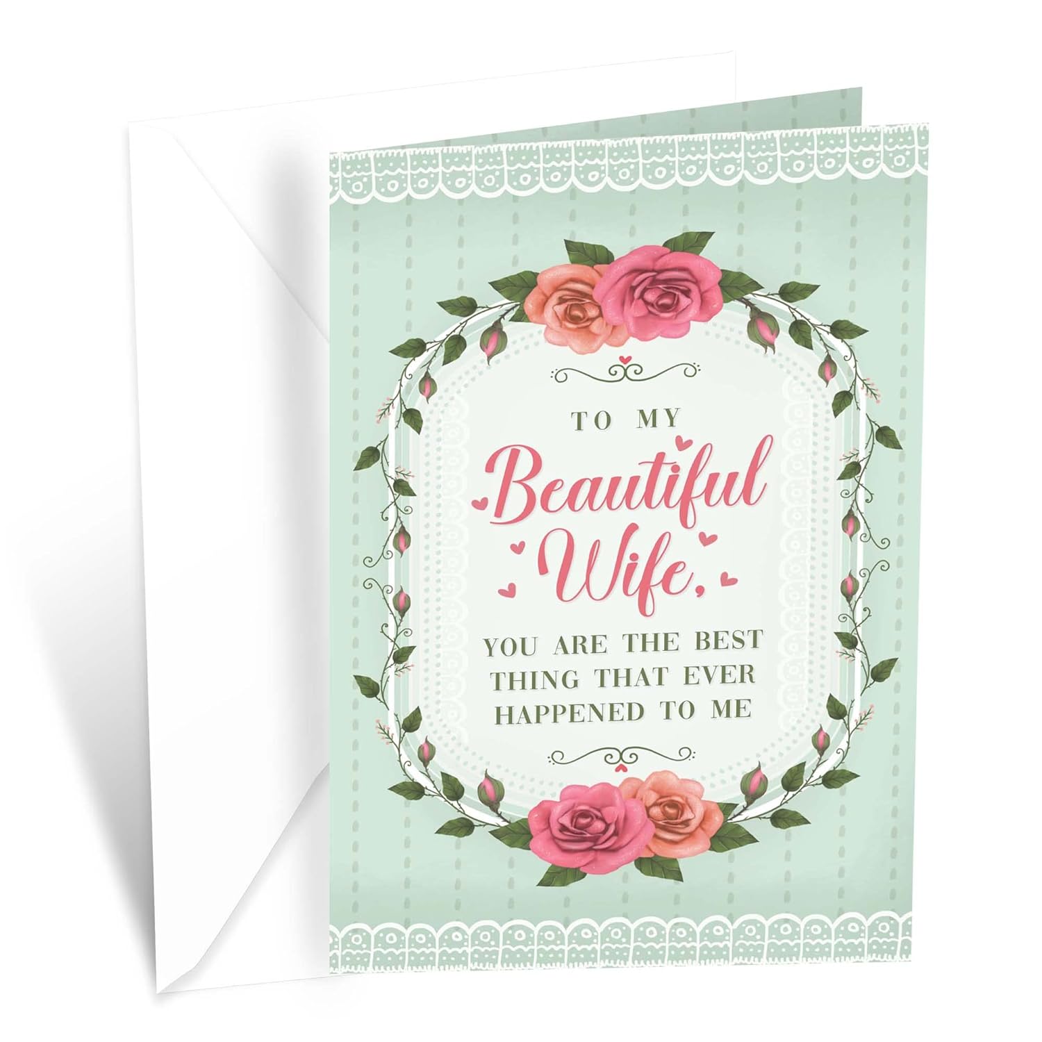 Wife Valentine'S Day Card, Made In America, Eco-Friendly, Thick Card Stock With Premium Envelope 5In X 7.75In, Packaged In Protective Mailer (Flower Wreath)