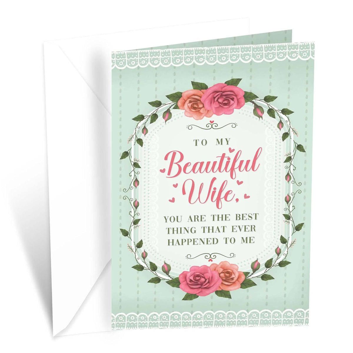 Wife Valentine'S Day Card, Made In America, Eco-Friendly, Thick Card Stock With Premium Envelope 5In X 7.75In, Packaged In Protective Mailer (Flower Wreath)