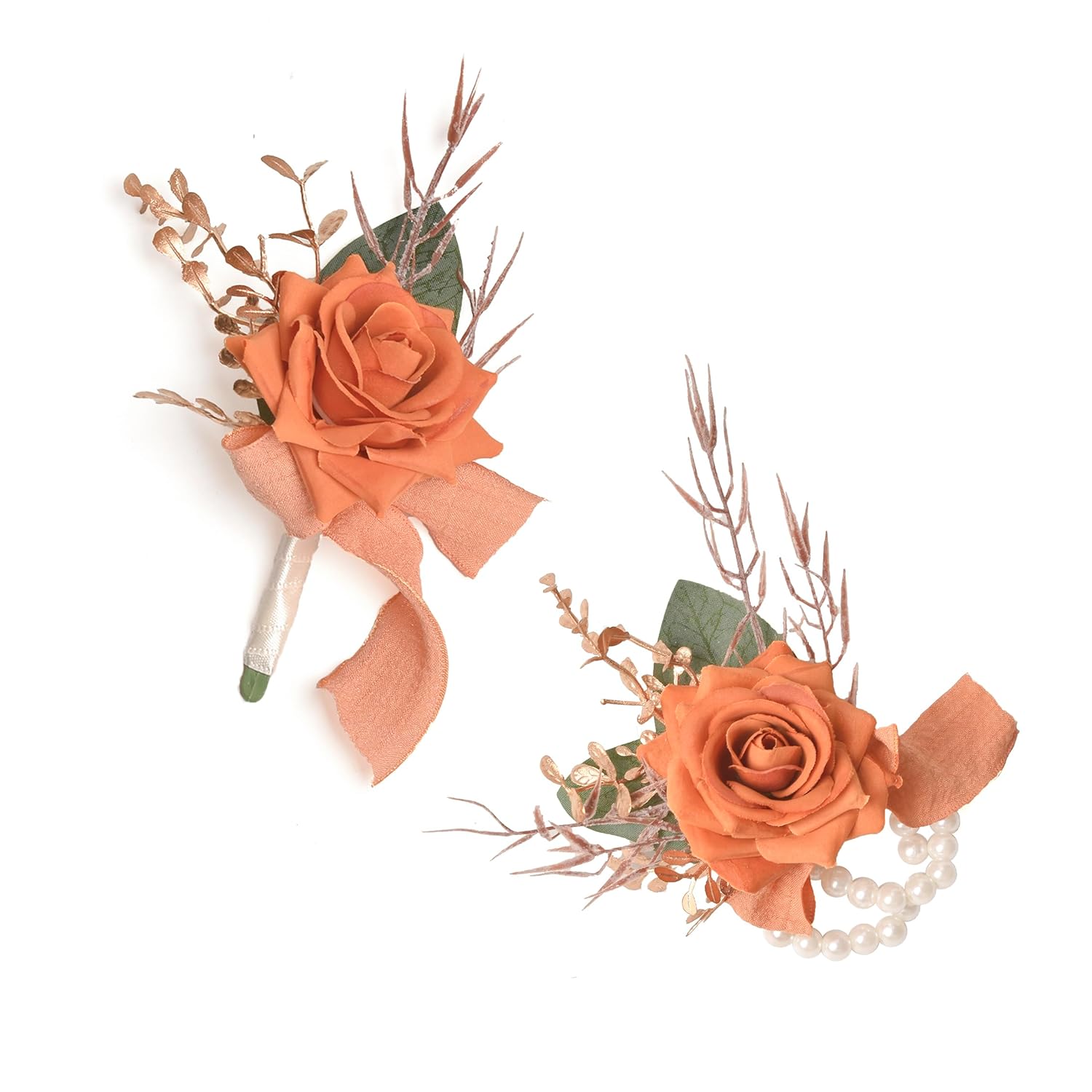 Burnt Orange Rose Wrist Corsage Wristlet Band Bracelet And Men Boutonniere Set For Wedding, Artificial Flower Wrist Corsage Bracelets For Fall Wedding Homecoming Prom Suit Decorations