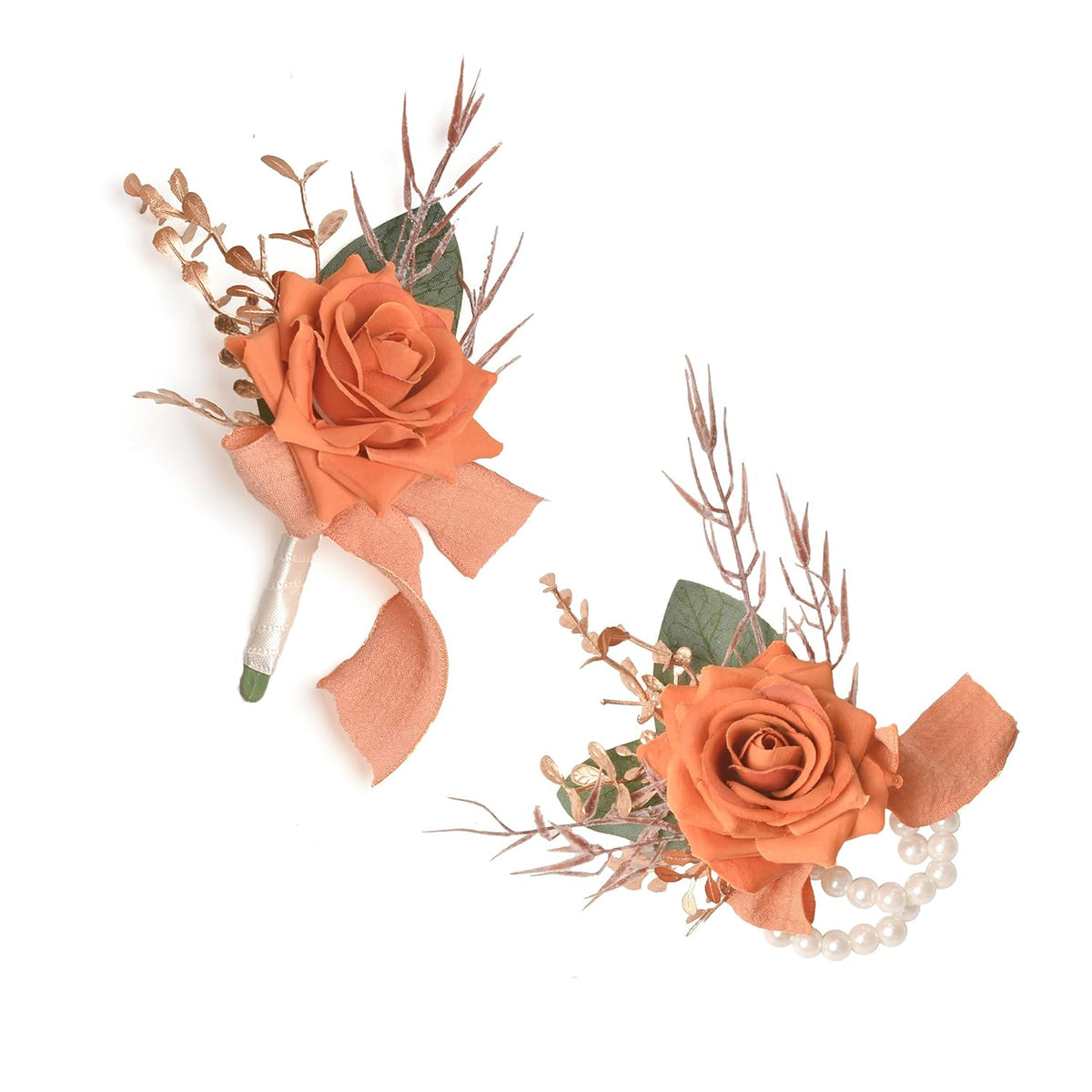 Burnt Orange Rose Wrist Corsage Wristlet Band Bracelet And Men Boutonniere Set For Wedding, Artificial Flower Wrist Corsage Bracelets For Fall Wedding Homecoming Prom Suit Decorations