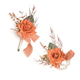 Burnt Orange Rose Wrist Corsage Wristlet Band Bracelet And Men Boutonniere Set For Wedding, Artificial Flower Wrist Corsage Bracelets For Fall Wedding Homecoming Prom Suit Decorations