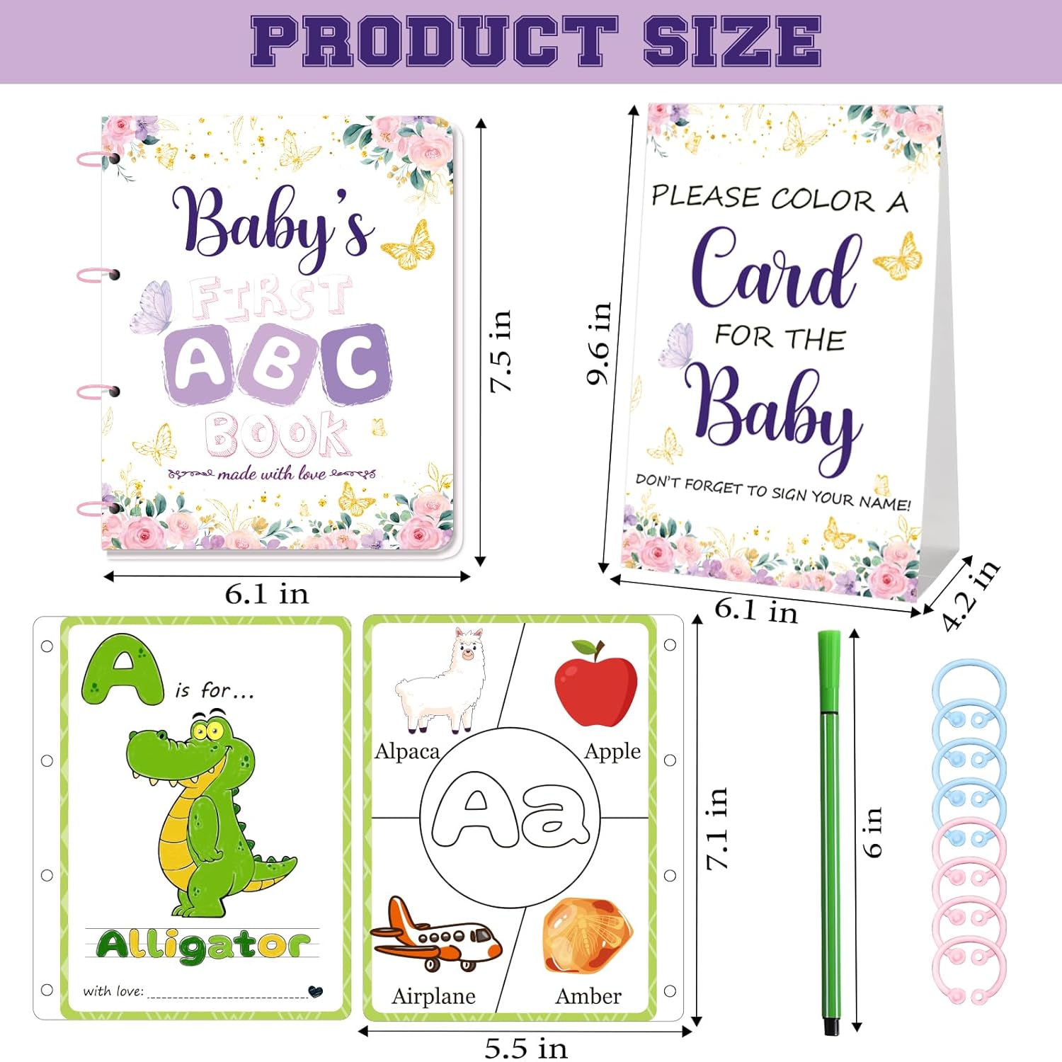 Baby’S First Abc Book Baby Shower Activity & Keepsake Game, A To Z Animal Coloring Cards With 24 Watercolor Pens, Fun & Interactive Baby Shower Game For Guests, Guest Book Alternative (Butterfly)