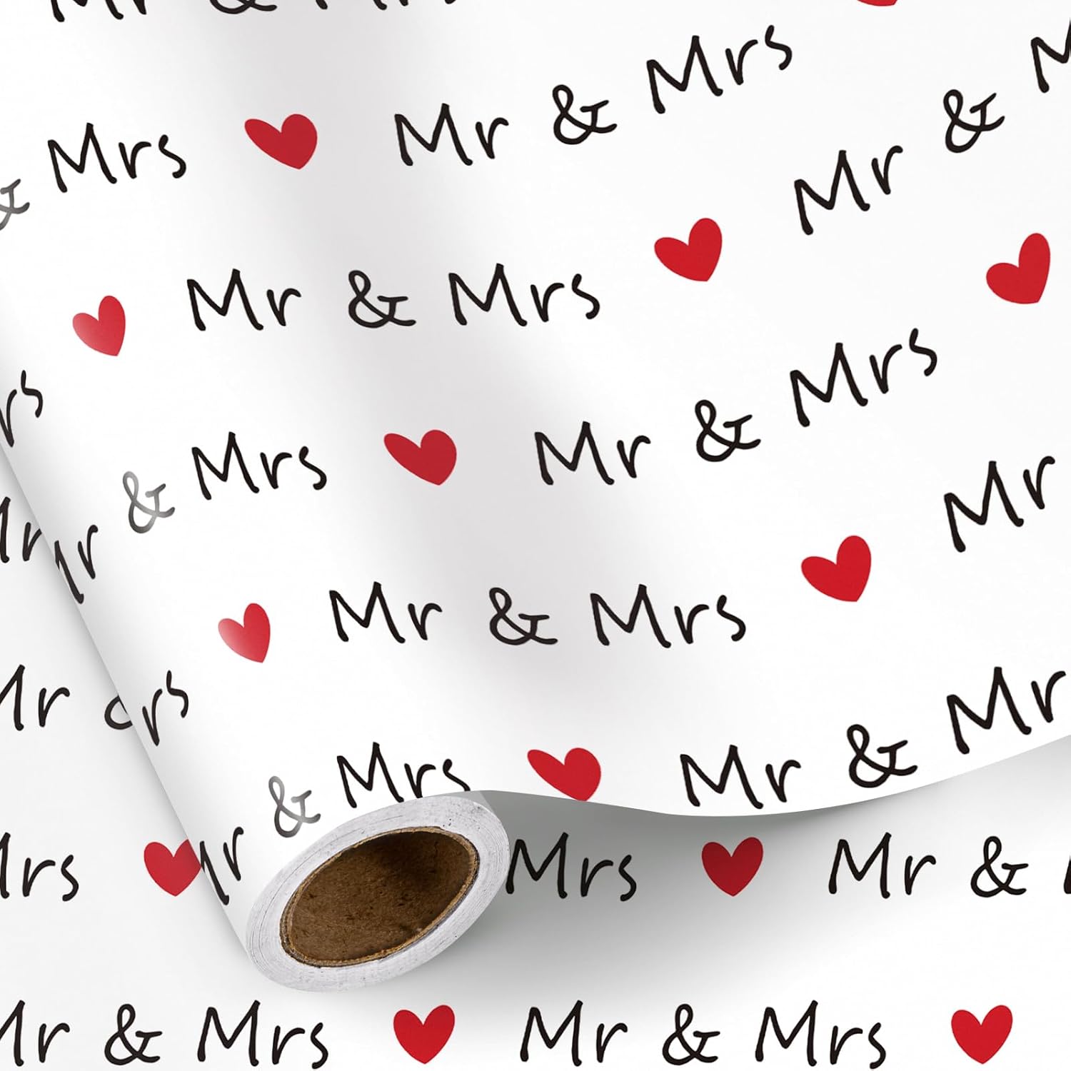 Wedding Wrapping Paper Roll For Couples, Mini Roll, Romantic Mr & Mrs Text With Red Hearts Design, Elegant Gift Wrap For Wedding, Anniversary Bridal Shower, 17 Inches X 16.4 Feet